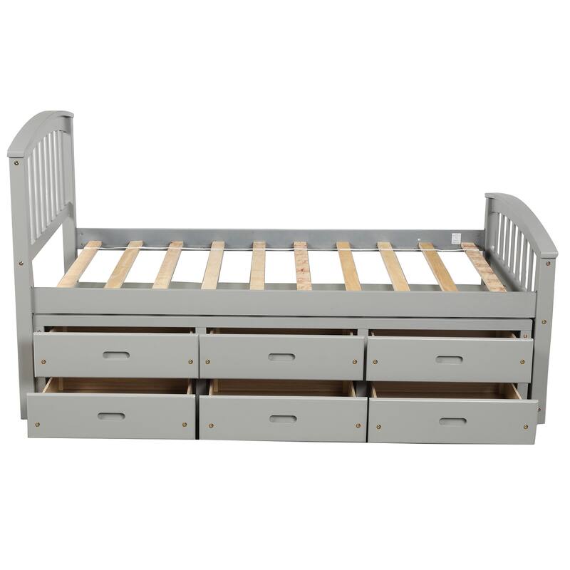 Twin Size Solid Wood Platform Storage Bed with 6 Drawers, Mattress Foundation