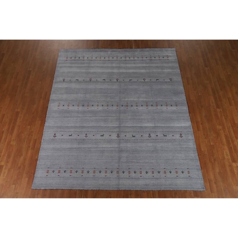 Hand Knotted Oriental 100% Wool Carpet Tribal Animal Pictorial Greys & Charcoal Gabbeh Area Rug - 9' 9'' X 8' 2''