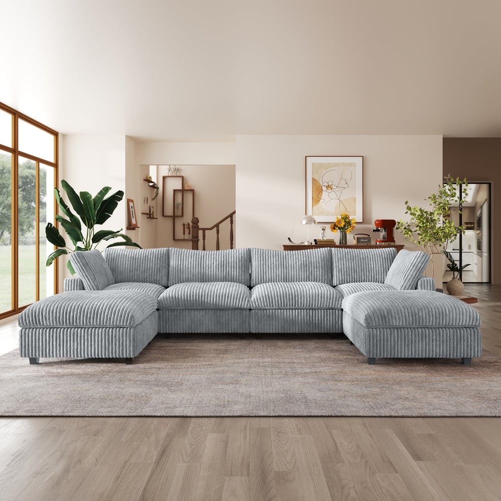 157.48'' Cloud Modular Sectional Sofa Oversized U-Shaped Striped Plush Couch for Living Room Set