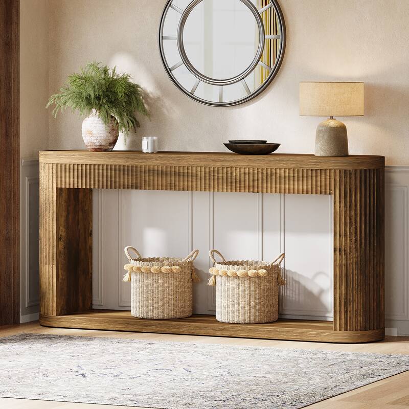 63" Oval Console Table, Wood Entry Desk with Waveform Fluted Design - Rustic Brown