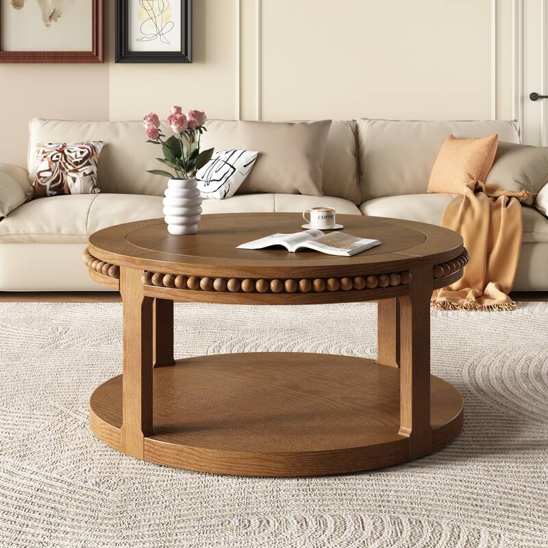 31.5 Inch Round Solid Wood Coffee Table for Living Room