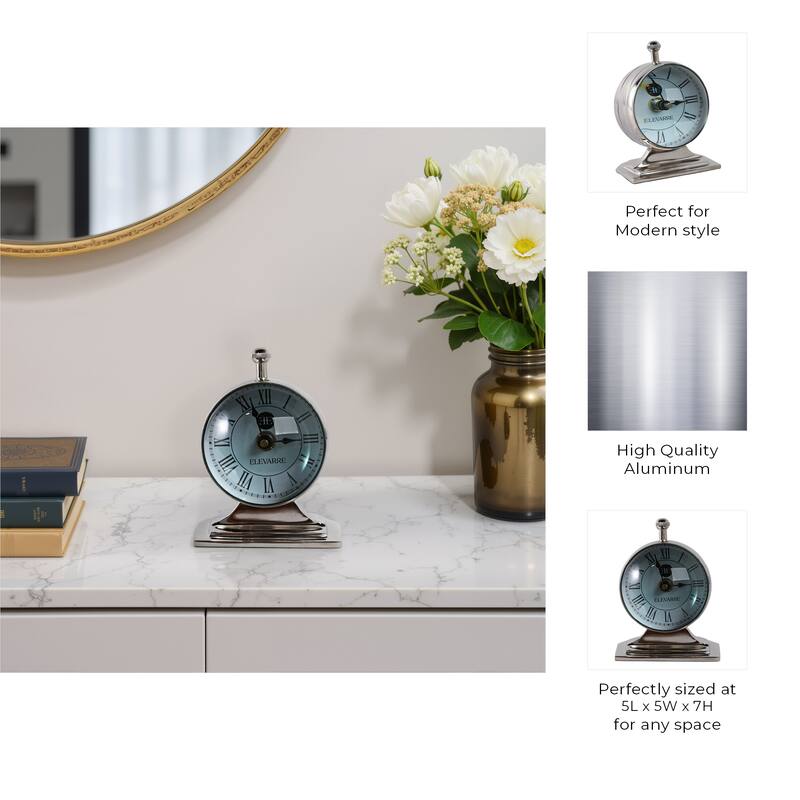 Metal Glass Desk Clock with Glass Lens and Roman Numerals Face on Base - 5" x 5" x 7"