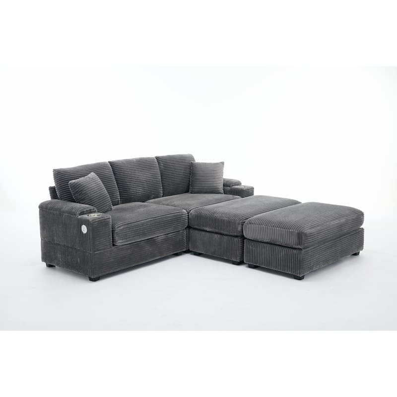Modular Convertible Sectional Sofa with 2 Ottomans, 2 Seaters Corduroy Arms Couch, Loveseat Sofa with Cup Holders & USB Ports