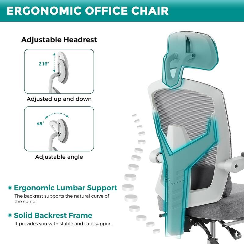 Home Office Desk Chair with Footrest, High-Back Mesh Reclining Chairs with Headrest for Home, Office, Gaming, Student
