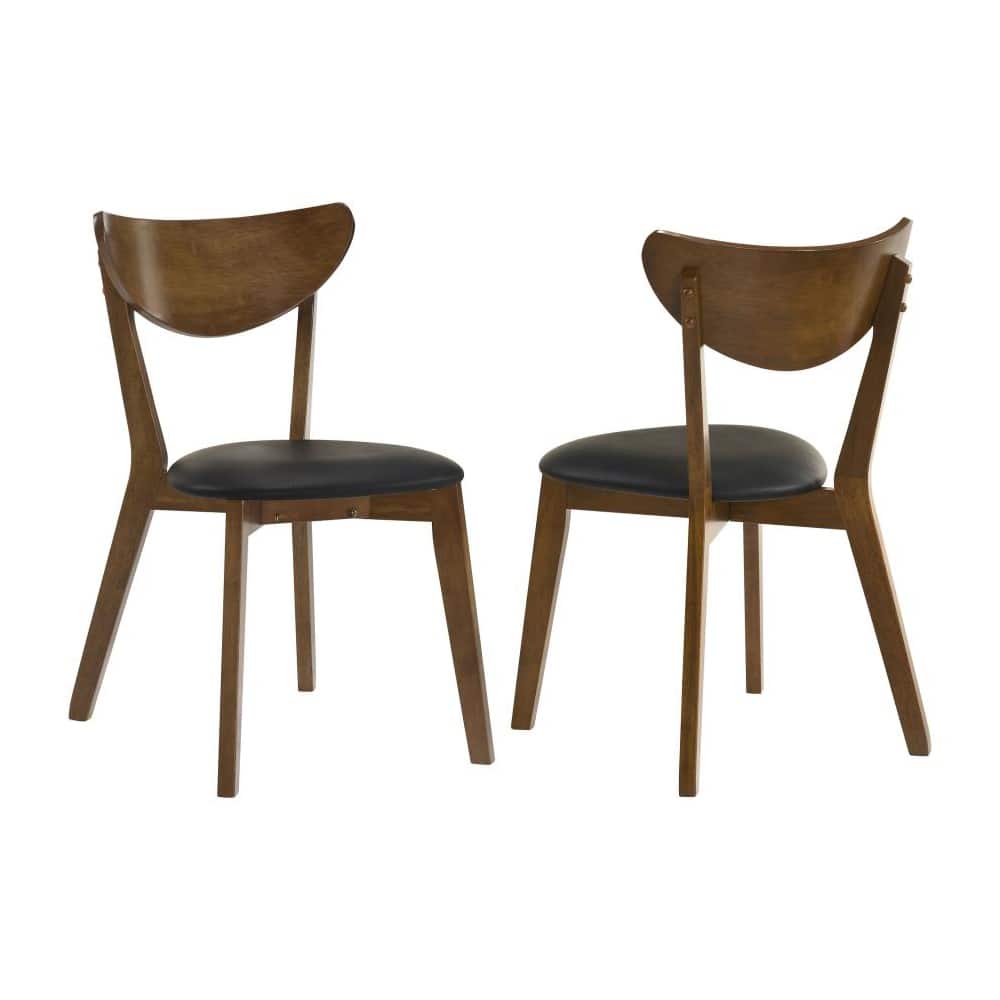 Set of 2 Dining Chairs With Black Leatherette Seat, Dark Walnut