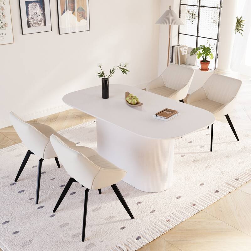 63" medieval modern cream style MDF dining table and 4 sets of black metal leg PU decorative chairs