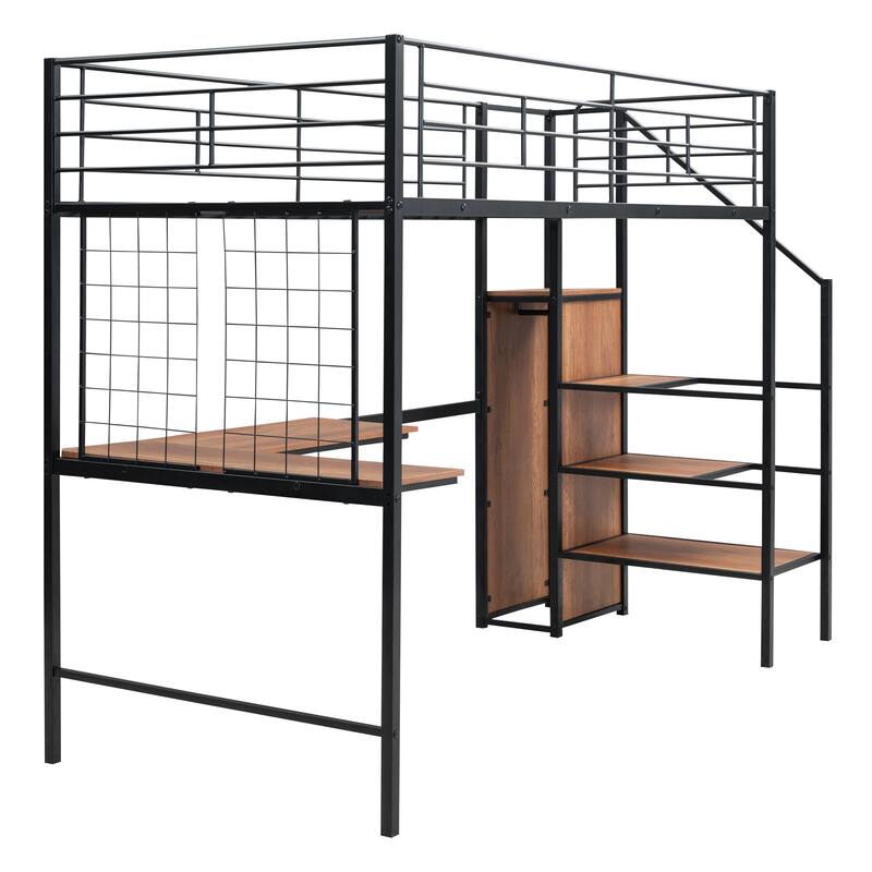 Twin Metal Loft Bed with L-Shape Desk, Lateral Storage Ladder, Metal Grid, and Wardrobe, Modern Space-Saving Design