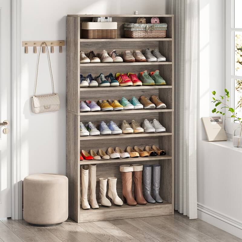 Shoe Cabinet Narrow High Shoe Cabinet with Open Storage for Entryway, White - Grey