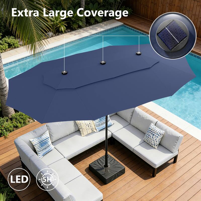 MAISON ARTS 15ft 2-Tier Large Patio Umbrella with Solar Lights, Double-Sided Outdoor Market Umbrellas with Base Included