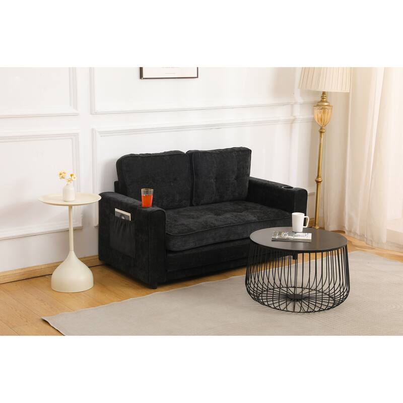 Sofa Bed with Pull-Out Straps, Velvet Sleeper Sofa with Side Storage Bags, Convertible Lounge Chaise Loveseat Daybed
