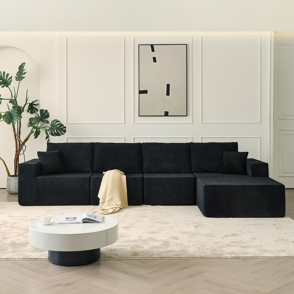 Modular L Shaped Sectional Sofa with Ottoman, Corduroy Boneless Cloud Sofa, 4 Seater Compressed Sofa with 2 Pillows