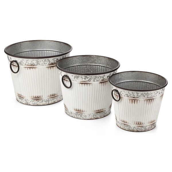 Set of 3 White and Gray Antique-Style Galvanized Buckets 19" - N/A