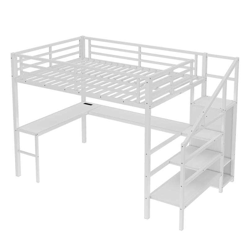 Roomfitters Queen Size Metal Loft Bed with L-Shaped Desk, USB Ports, LED Lighting & Adjustable Shelves, White