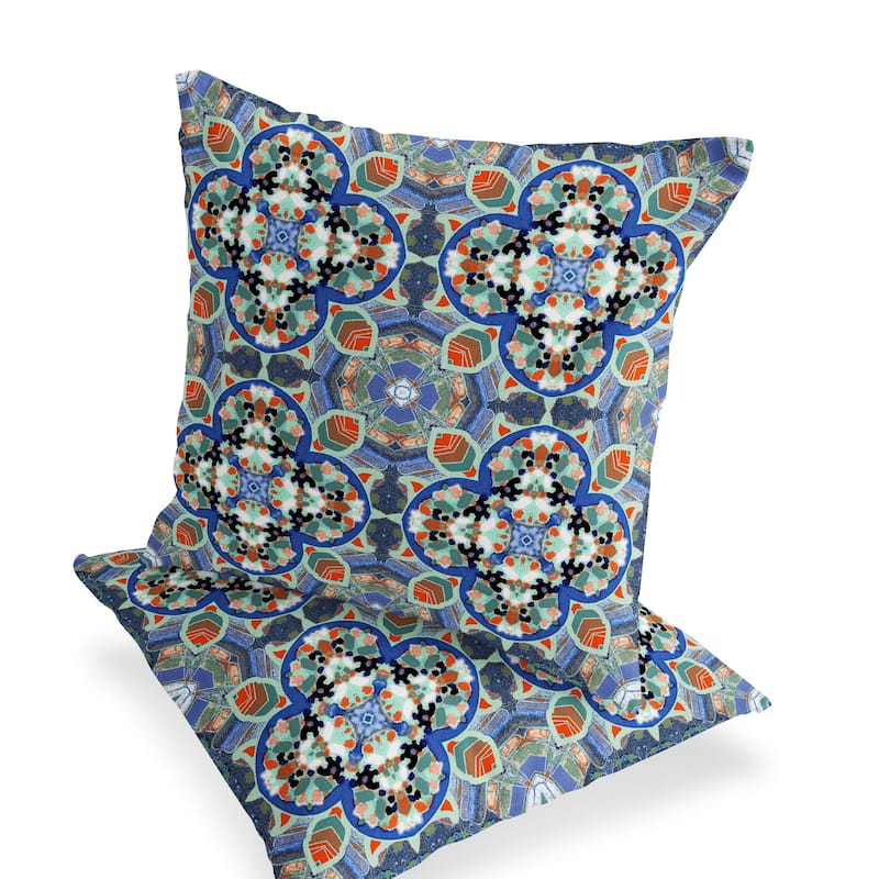 HomeRoots Set of Two 16" X 16" Blue and Orange Blown Seam Floral Indoor Outdoor Throw Pillow - 16.00' X '16.00' X '5.00