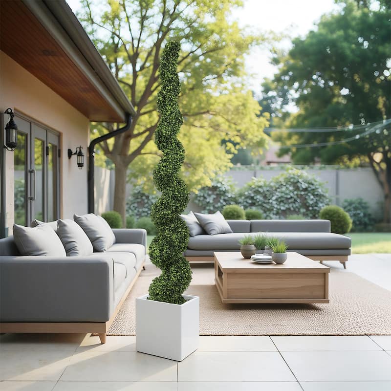 7FT Spiral Topiary Trees Artificial Faux Boxwood Plants Large Twisted Green Potted Trees with Light Green Leaves,1pc/set