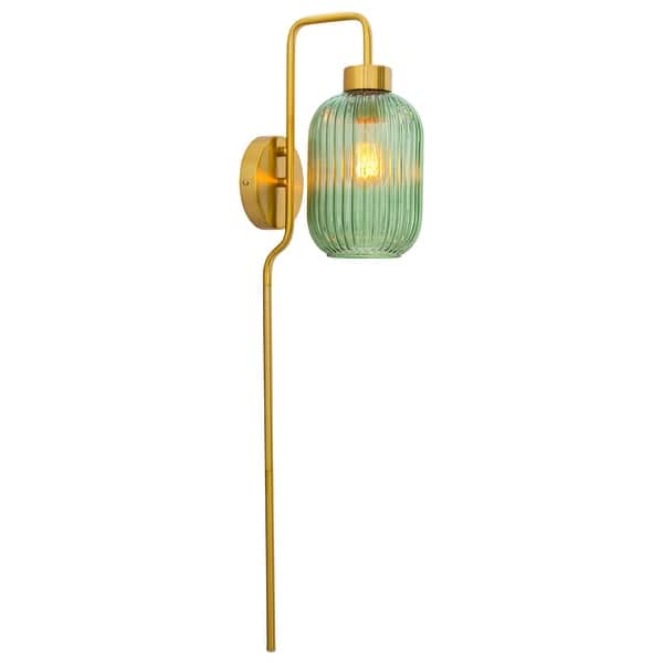 slide 2 of 13, Adrienne River of Goods Green Glass and Metal Retro Wall Sconce - 5.375" x 8.625" x 32.25" 5.375" x 8.625" x 32.25" - Green/Gold