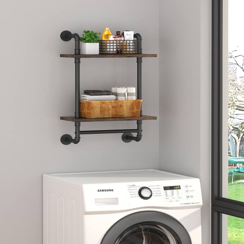 Industrial Pipe Floating Bathroom Shelves Wall Mounted with Towel bar - 7.8"D x 15.7"W x 25.6"H - Brown