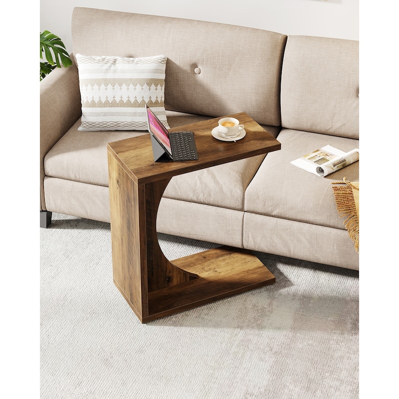 C-Shaped End Table for Couch, Side Table for Small Space - Rustic Brown