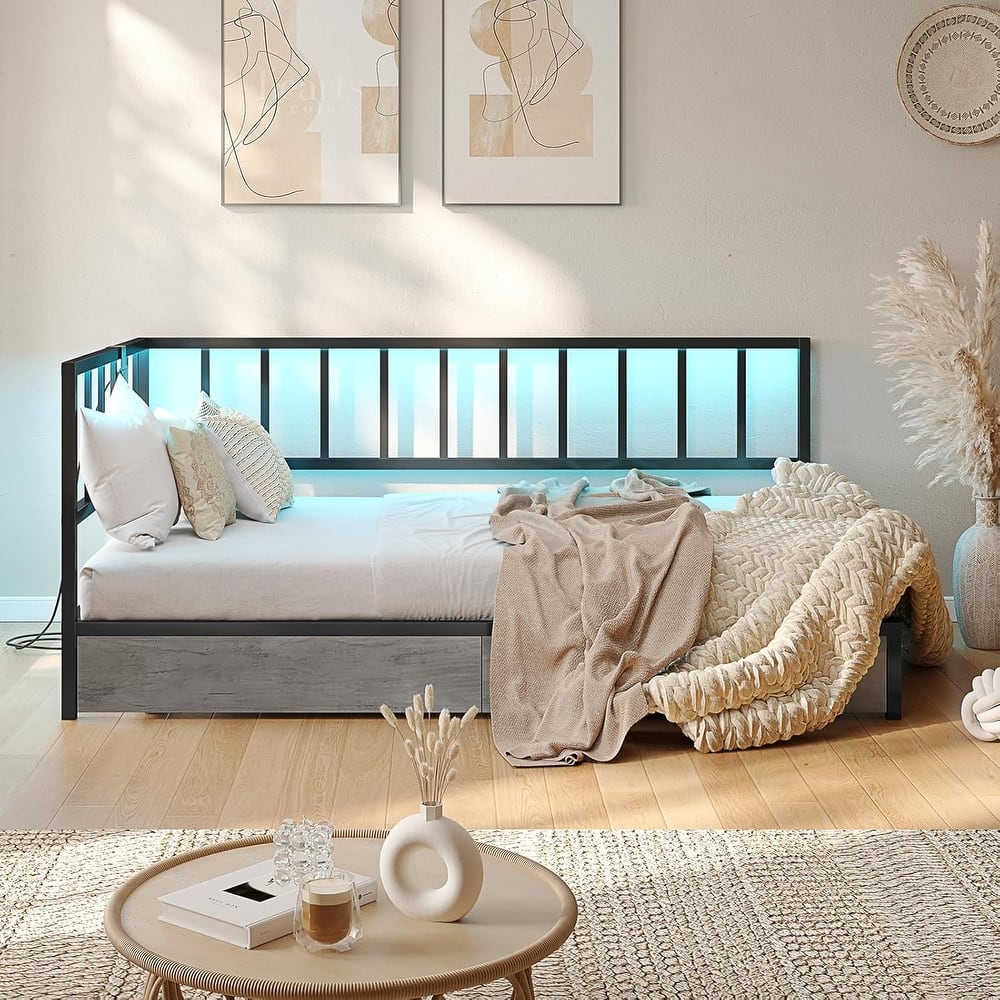 Daybed with 2 Drawers Platform Bed Frame LED Light Charging Station