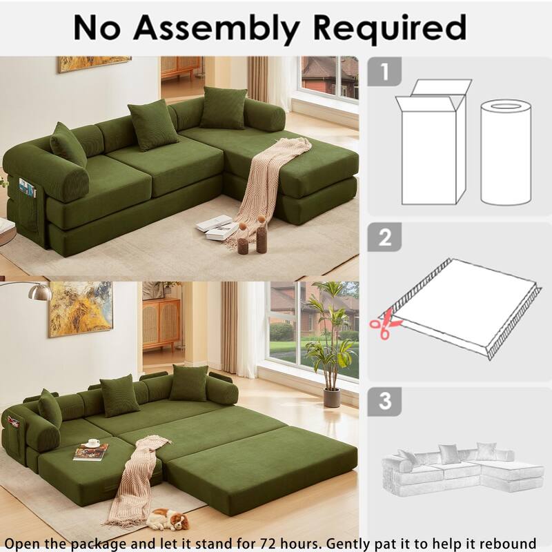 107'' L-Shaped 7-in-1 Corduroy Modular Sectional Sofa Bed, 4-Seat, Green