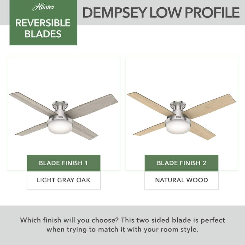 Hunter 52" Dempsey Flush Mount Ceiling Fan w/ LED Light Kit, Handheld Remote - Contemporary, Transitional - Low Profile