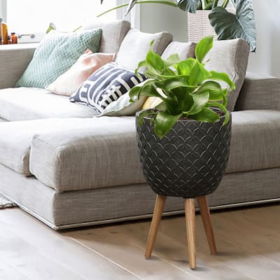 Butterfly Embossed Brown 12.3-Inch Round MgO Planter with Wood Legs