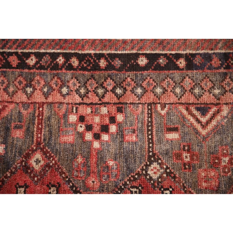 Geometric Hamedan Persian Vintage Runner Rug Hand-Knotted Wool Carpet - 3'9"x 9'5"