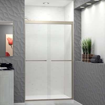 Frederick 47 in. W x 76 in. H Sliding Semi-Frameless Shower Door in Brushed Nickel with Clear Glass - 48 x 76 - 48 x 76