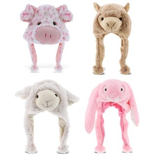 DolliBu Farm Plush Hats Set of 4 - Bunny, Llama, Sheep, Pig Warm Hat - One Size