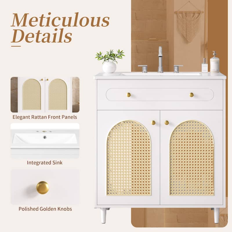 30 Inch Bathroom Vanity with Ceramic Sink, Solid Wood Frame Vanity Cabinet with Rattan Panels and Tip-Out Drawer