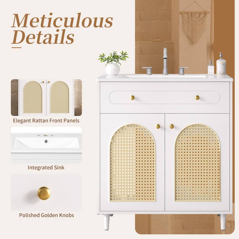 Woven Rattan Bathroom Vanity / Single Ceramic Sink Bathroom Cabinet