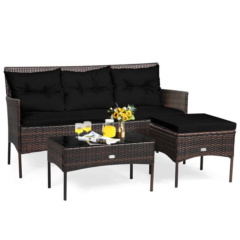 3 PCS Patio Rattan Sofa Set Outdoor Conversation Set w/ Cushions - Black