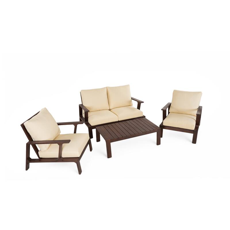 Roomfitters 4 Piece Outdoor Patio Conversation Set with Solid Acacia Wood Frame and Cushions