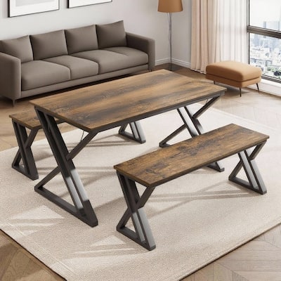 Kitchen Table Set , with X Metal Frame and Benches