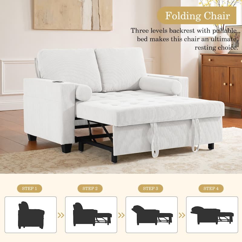 3-in-1 Pull-Out Sleeper Sofa Bed Convertible Adjustable Multi-Functional Loveseat with USB Port