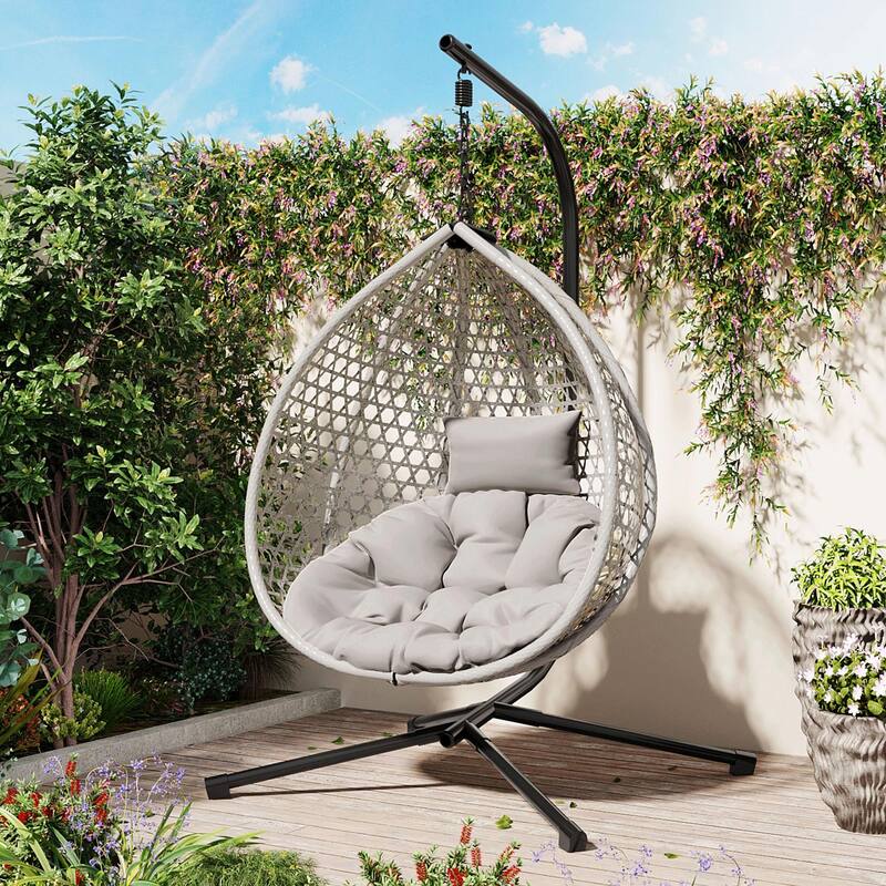 Sturdy Hammock Chair with Stand - Durable Hanging Egg Chair with Rattan Weaving - Gray+Gray