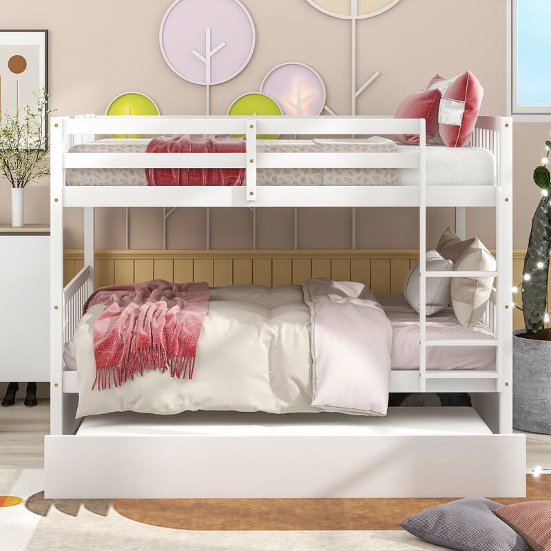 Twin/Full Size Bunk Bed with Trundle, Convertible to 2 Platform Bed