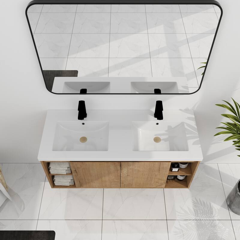 GDFStudio - Landon Modern 48 Inch Wall-Mounted Bathroom Vanity with Double Resin Sink and Soft-Close Doors - 48 inch