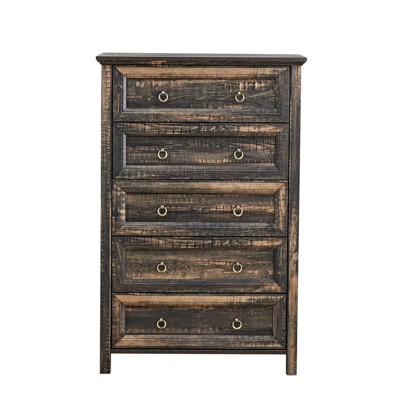 Farmhouse Style 5-Drawer Vertical Chest with Rustic Wood Wide Finish and Metal Ring Handle