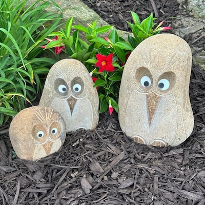 Natural Granite Boulder Animal Statues - 3 Piece Families - Dog, Angry Bird, Hedgehog, Cat, Owl, or Turtle
