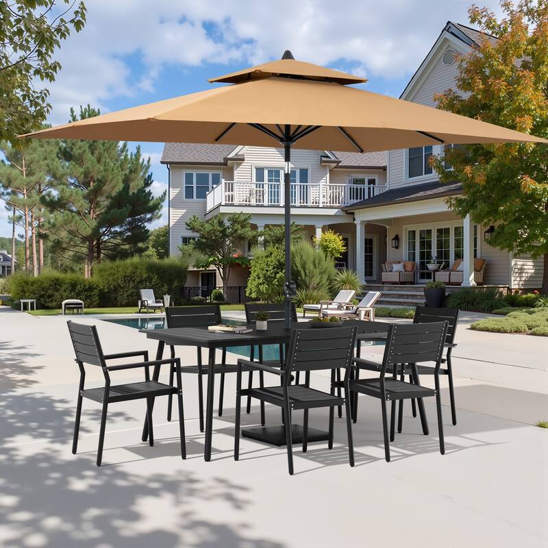 9-Piece Patio Dining Set Outdoor Aluminum Dining Table and Stackable Chairs with Umbrella and Base - Black