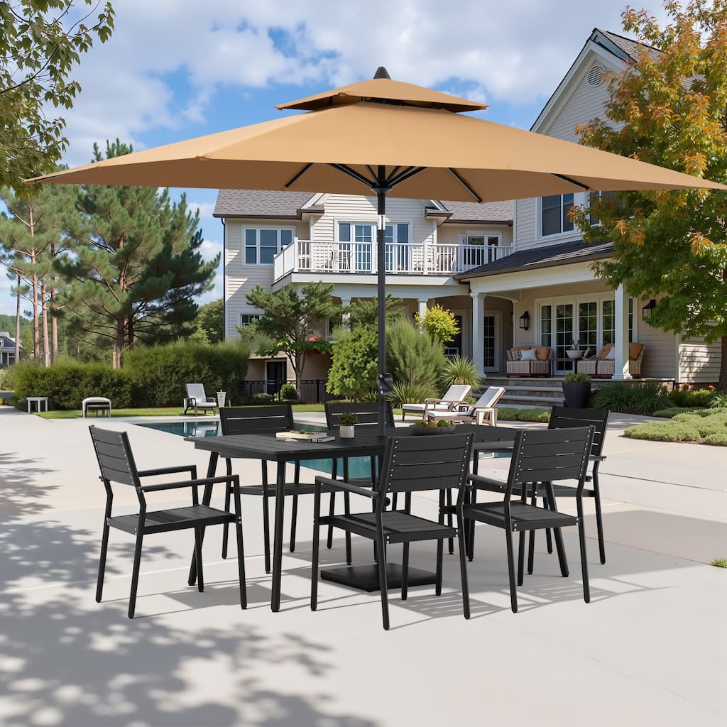 9-Piece Patio Dining Set Outdoor Aluminum Dining Table and Stackable Chairs with Umbrella and Base
