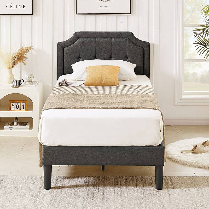 Javlergo Modern Upholstered Bed Frame with Height Adjustable Headboard, No Box Spring Needed - Grey - Twin