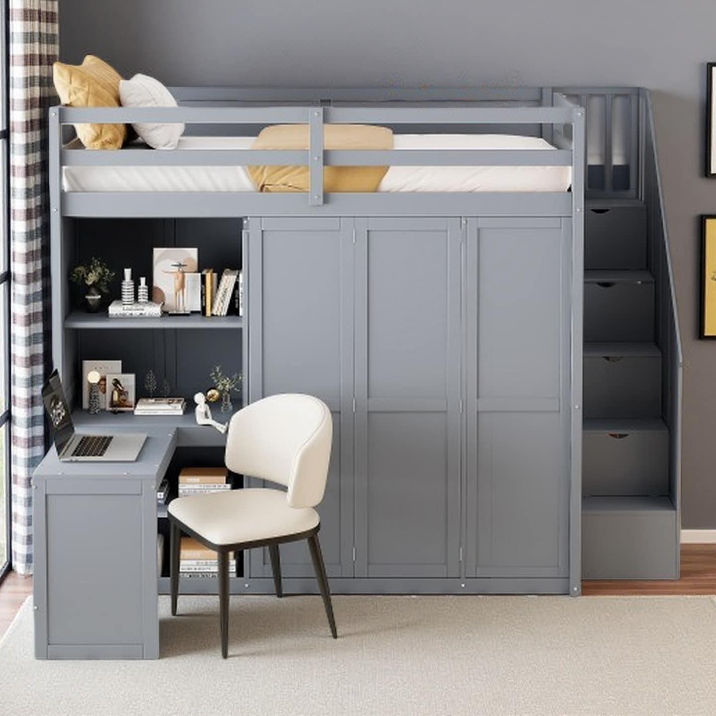 Full Size Loft Bed with Built-In Wardrobe, Desk, and Shelving, Modern Gray and White Platform Bed