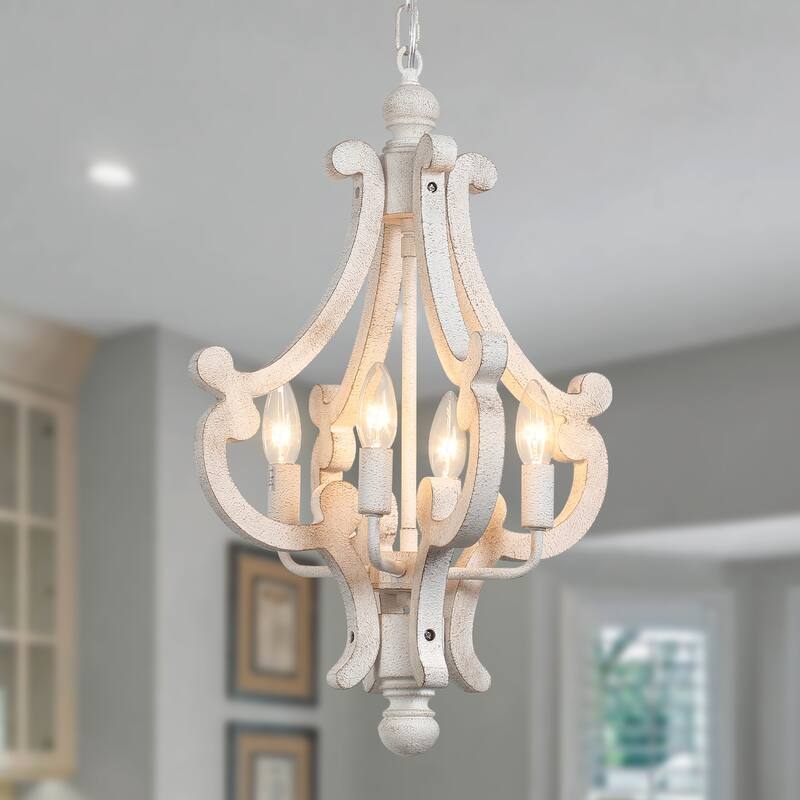 4-Light 14.56-inch Wooden Lantern Rustic Chandeliers for Entryway Hallway