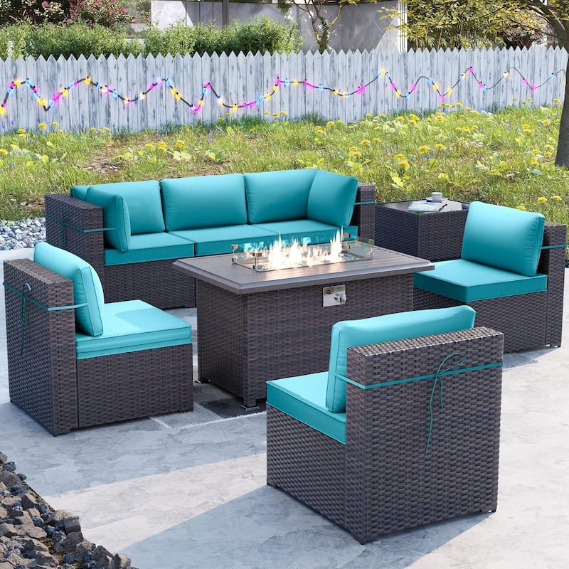 8 Pieces Outdoor Patio Furniture Set, All Weather PE Wicker Sectional Conversion Sofa set w/ Firepit Table