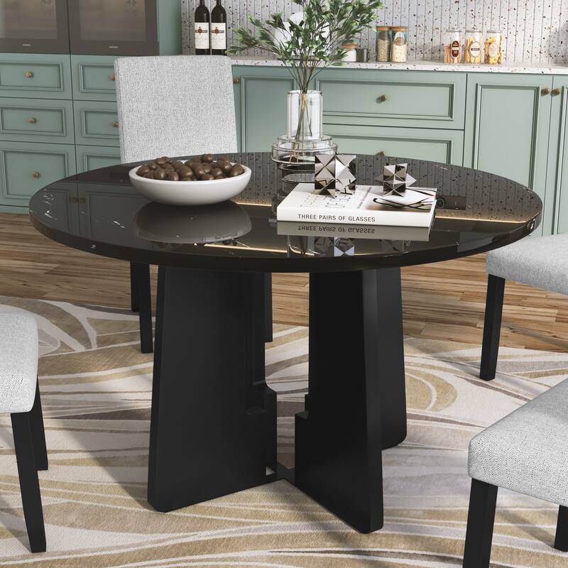 Round Dining Table for 4, 43" Faux Marble Top Kitchen Table - Black