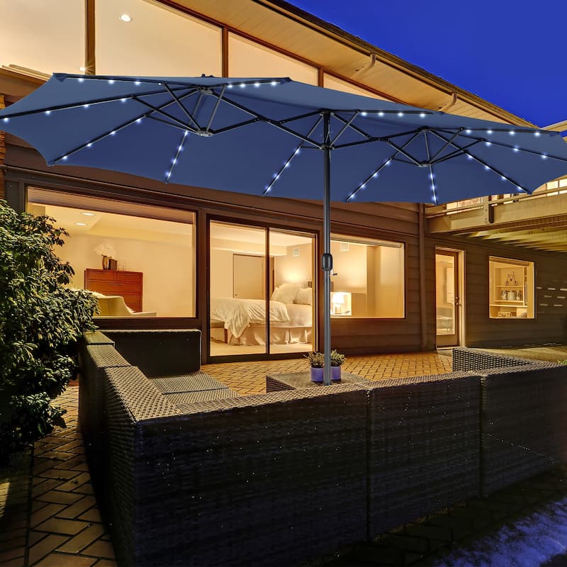 Costway 15FT Twin Patio Double-Sided Umbrella 48 Solar LED Lights - 15.4' x 9.2' x 8'