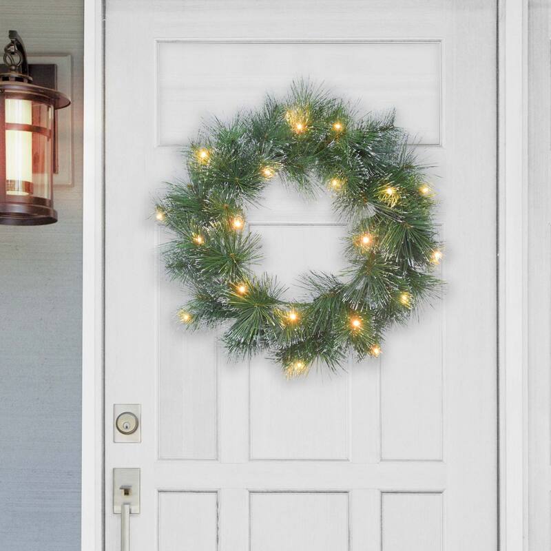 Flocked Glittery Pine LED Artificial Wreath 24 Warm White Lights