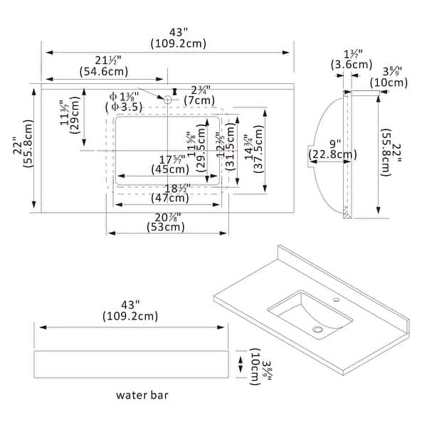 dimension image slide 7 of 22, Malaga Composite Stone Vanity Top with White Rectangular Sink